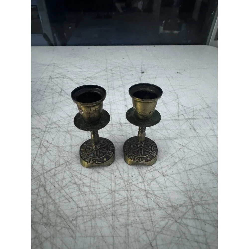 Vintage Israeli Brass Flame Menorah Set Eilat Stone Napkin Holder Candlesticks